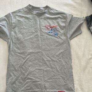 Gray Short Sleeve Tee with Blue Graphic Design